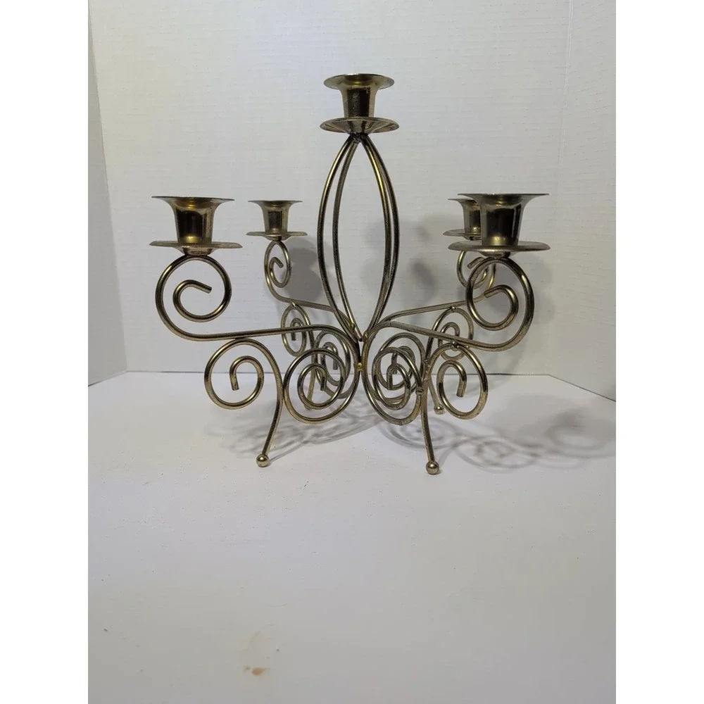 Vintage Gold Tone Brass 5 Arm Candelabra Scroll Candle Stick Holder 11x9
